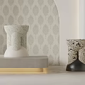 White And Black Beige Stools With Carved Patterns Against Leaf Patterned Wallpaper And Arched Wall 3d model