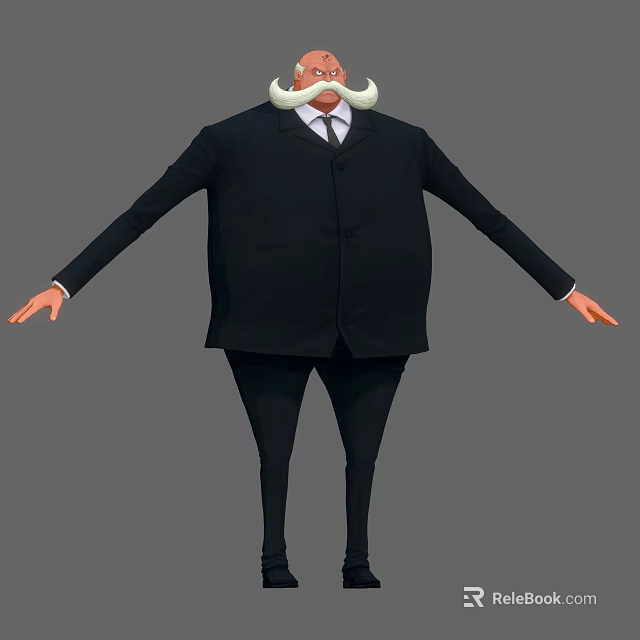 Cartoon Style Game Movie Character In Black Suit With White Mustache And Bulbous Belly 3d model 