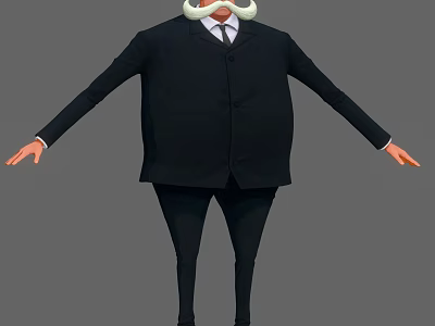 Cartoon Style Game Movie Character In Black Suit With White Mustache And Bulbous Belly 3d model