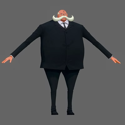 Cartoon Style Game Movie Character In Black Suit With White Mustache And Bulbous Belly 3d model