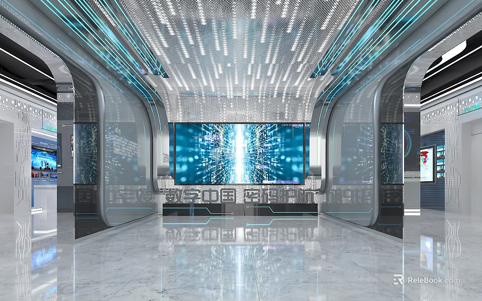 Futuristic Exhibition Hall With Large Digital Screen Blue Lighting Glass Partitions And Marble Flooring 3d model 