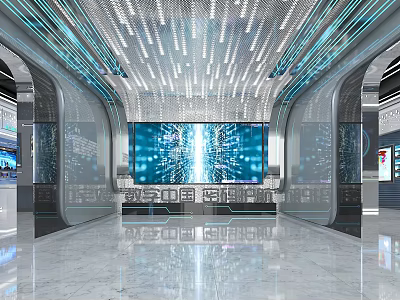 Futuristic Exhibition Hall With Large Digital Screen Blue Lighting Glass Partitions And Marble Flooring 3d model