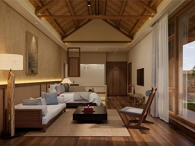 Traditional Hotel Room Interior With Wooden Ceiling Sofa Coffee Table And Armchair 3d model