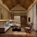 Traditional Hotel Room Interior With Wooden Ceiling Sofa Coffee Table And Armchair