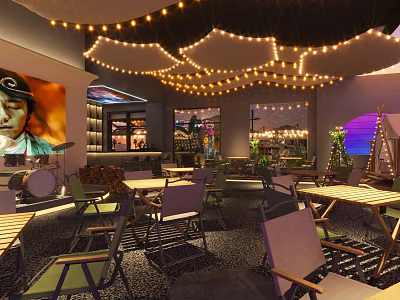 Cozy Restaurant Interior With String Lights Tables Chairs Decorative Poster And Ambient Lighting 3d model