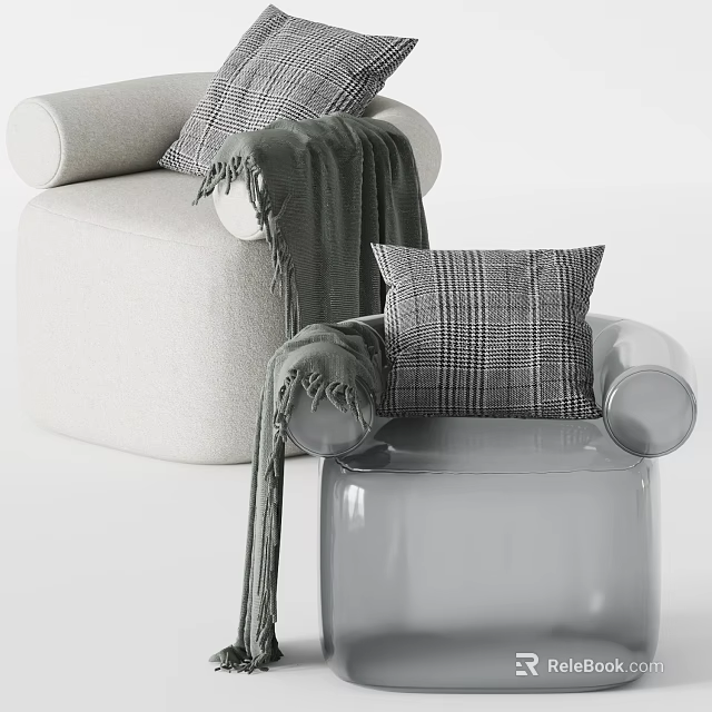 Modern Single Sofa With Plaid Pillows And Knit Blanket In Neutral Tones 3d model 