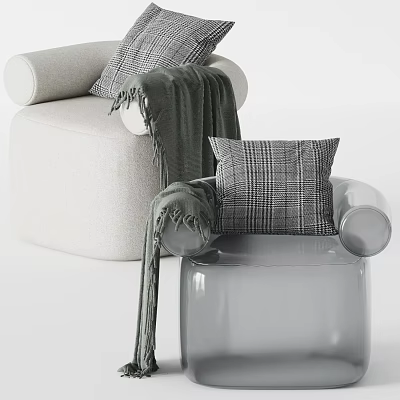 Modern Single Sofa With Plaid Pillows And Knit Blanket In Neutral Tones 3d model