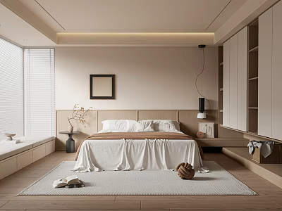 Modern Bedroom Interior With Cozy Bed Headboard Window Blinds Area Rug And Wooden Wardrobe 3d model