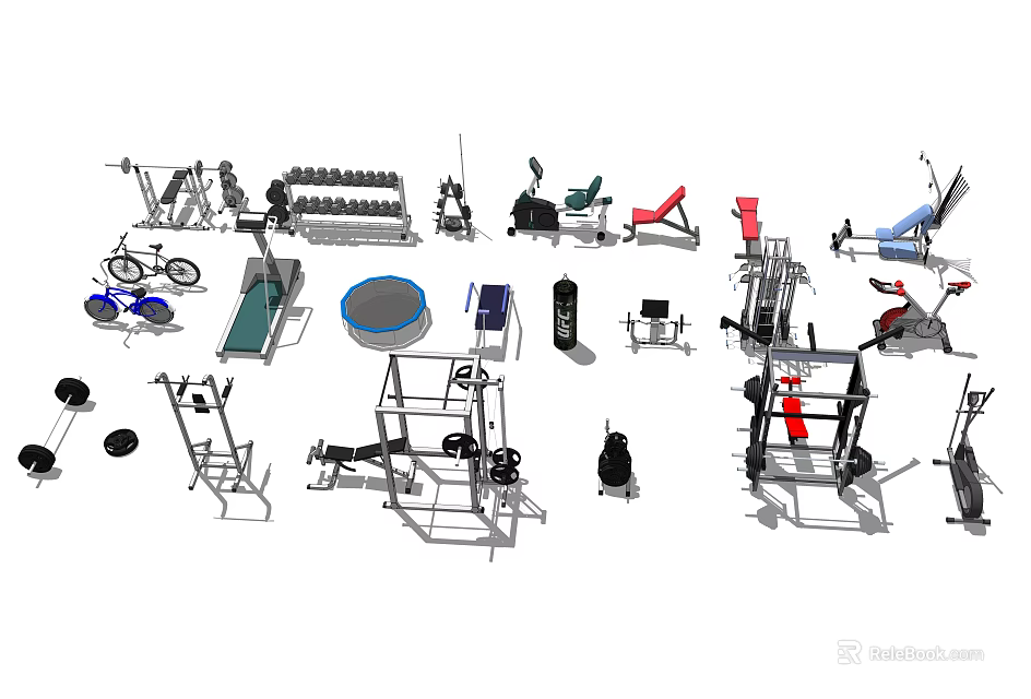 Diverse Sports Equipment Including Dumbbells Treadmills Exercise Bikes And Barbells For Home Fitness 3d model 