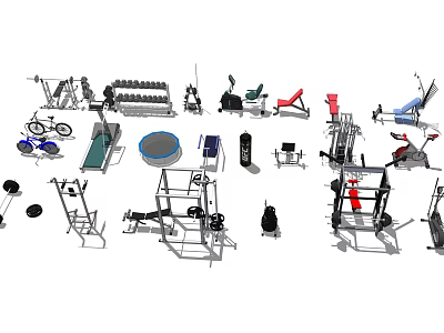 Diverse Sports Equipment Including Dumbbells Treadmills Exercise Bikes And Barbells For Home Fitness 3d model