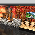 Autumn Themed Wall With Red Maple Leaves Display Boards Stone Walls And Wooden Benches
