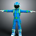 Astronaut in Blue Green Suit With Open Arms Helmet and Backpack