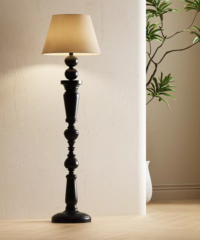 Elegant Black Floor Lamp With Decorative Column Design Against Beige Wall And Green Plant 3d model