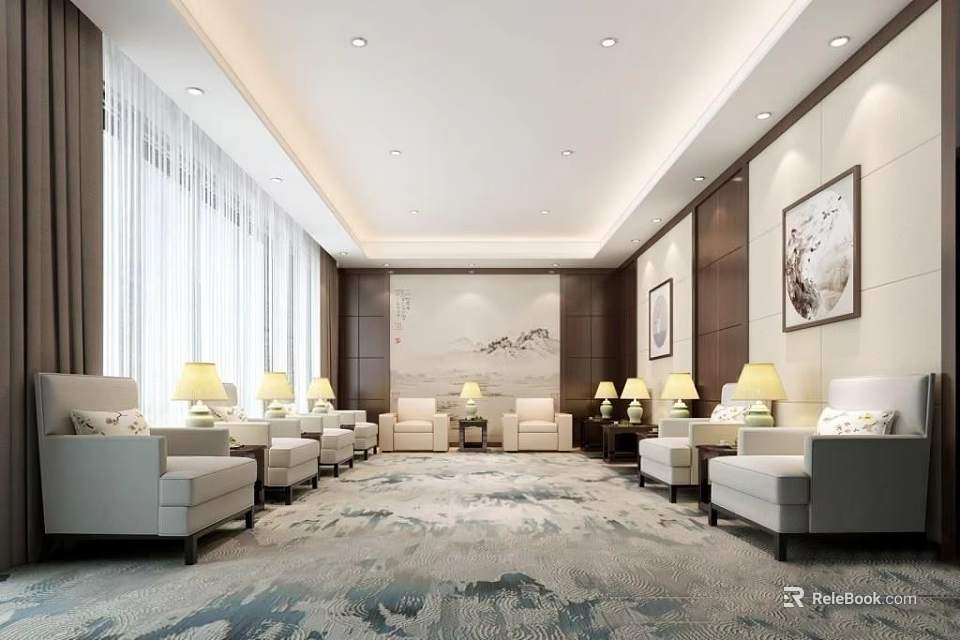 Modern Conference Room Interior With Comfortable Sofas Table Lamps Patterned Carpet And Decorative Paintings 3d model