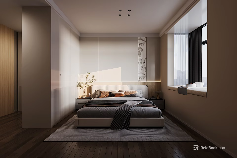 Modern Bedroom Interior Design With Bed Nightstand Window And Wooden Floor 3d model 