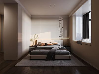 Modern Bedroom Interior Design With Bed Nightstand Window And Wooden Floor 3d model