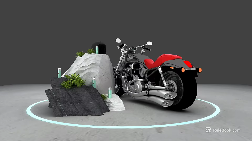 Black Motorcycle With Red Seat Near Rocks And Green Plants With Blue Halo 3d model 