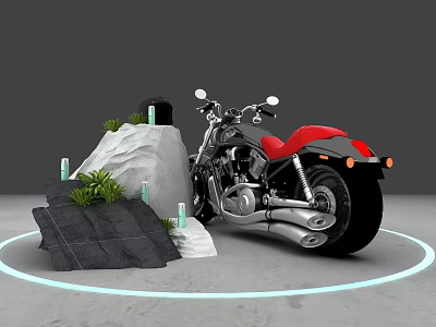 Black Motorcycle With Red Seat Near Rocks And Green Plants With Blue Halo 3d model