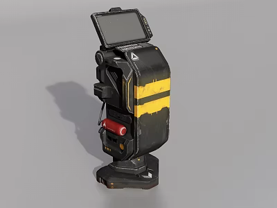 Tactical Black Weapon with Yellow Stripes Top Screen Side Red Button and Base Stand 3d model