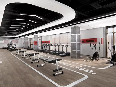 Modern Gym Interior with Treadmills Benches Exercise Equipment and Floor Exercise in Spacious Area 3d model