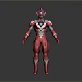 Red Ultraman Character In Tight Bodysuit With White Patterns And Blue Chest Gem