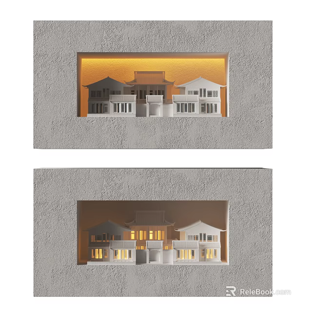 Recessed Modern Wall Light With Warm Lighting For House Model Display On Gray Wall 3d model 