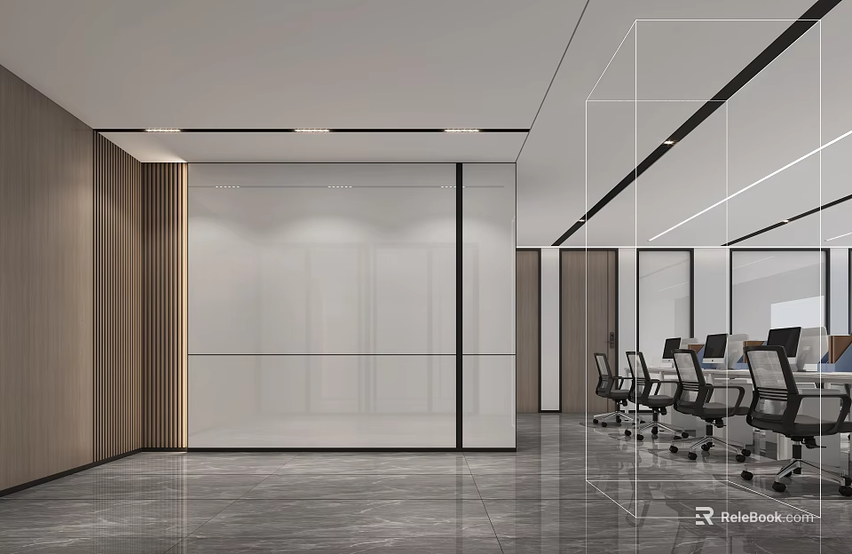 Modern Office Reception Area With Wooden Walls Glass Partitions And Office Desks With Chairs 3d model 