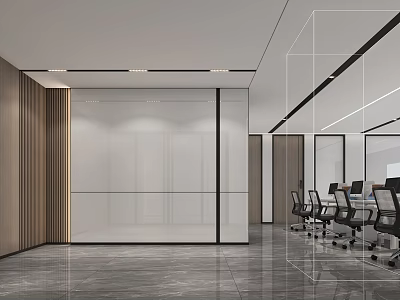 Modern Office Reception Area With Wooden Walls Glass Partitions And Office Desks With Chairs 3d model