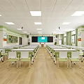 School Classroom With Neat Rows Of Desks Green White Chairs Wooden Flooring And Ceiling Lights