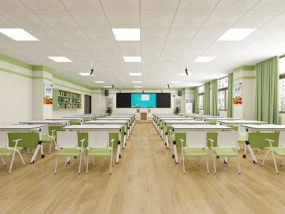 School Classroom With Neat Rows Of Desks Green White Chairs Wooden Flooring And Ceiling Lights 3d model