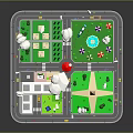 Cartoon City Model Scene With Green Grass Trees Buildings Clouds Roads And Cars