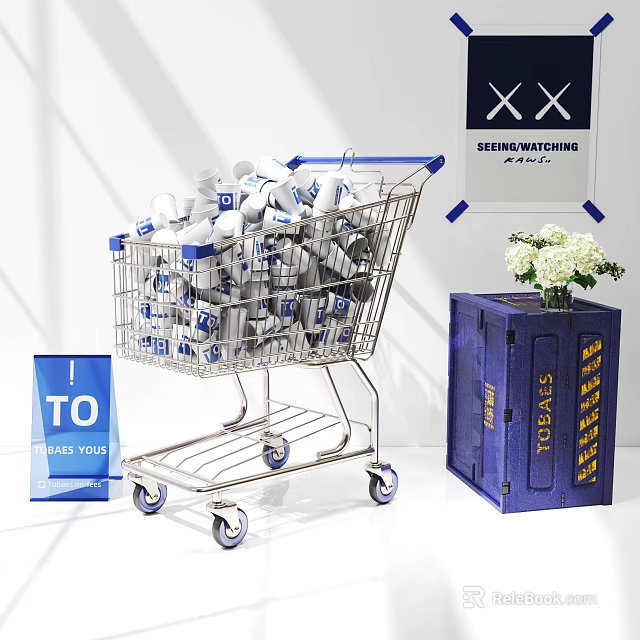 Public Facility Shopping Cart Filled With Items Near Blue Box With TO Sign And Flowers 3d model 