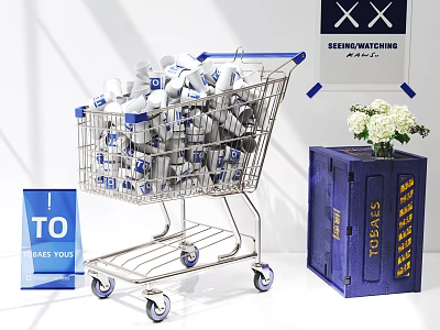 Public Facility Shopping Cart Filled With Items Near Blue Box With TO Sign And Flowers 3d model