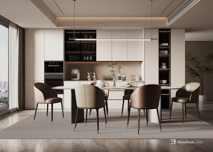 Modern Open Restaurant Interior Design With Dining Table Chairs And Pendant Lights 3d model 