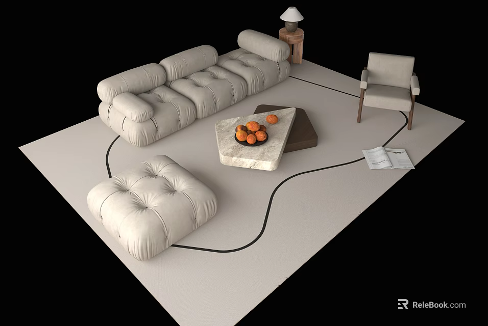 Beige Sofa And Coffee Table Combination With Marble Top Oranges Armchair Ottoman Lamp On Rug 3d model 