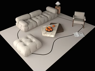 Beige Sofa And Coffee Table Combination With Marble Top Oranges Armchair Ottoman Lamp On Rug 3d model