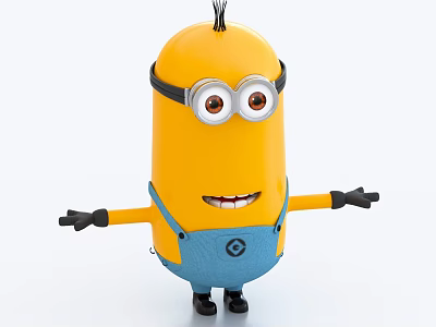 Yellow Minion Doll With Black Goggles Blue Overalls Smiling Face And Open Arms 3d model