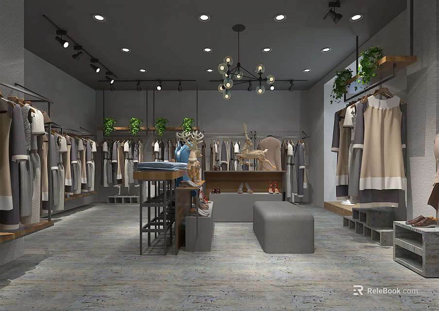 Modern Clothing Store Interior With Hanging Clothes Display Racks And Chandeliers 3d model 