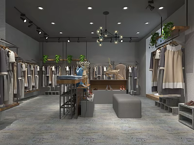 Modern Clothing Store Interior With Hanging Clothes Display Racks And Chandeliers 3d model