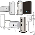 Various Types of Household Water Heaters in White Silver and Black Colors with Digital