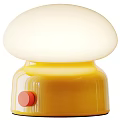Cute Mushroom Shaped Table Lamp With White Lampshade Yellow Transparent Body And Red Button
