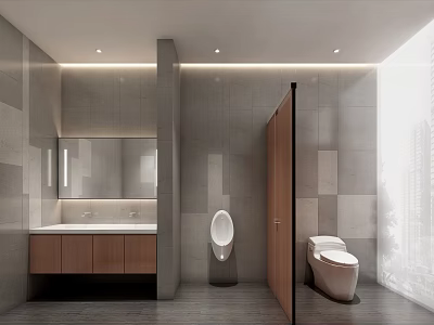Modern Public Restroom Design With Gray Tile Walls Wooden Vanity And Toilet 3d model