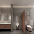 Modern Public Restroom Design With Gray Tile Walls Wooden Vanity And Toilet