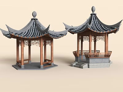 Traditional Chinese Pavilions With Curved Eaves Wooden Structure And Carved Details 3d model