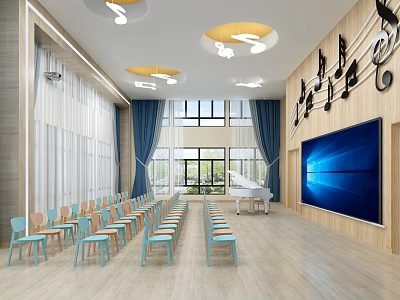 Modern Kindergarten Classroom With Light Blue Wooden Chairs White Piano And Musical Note Decorations 3d model
