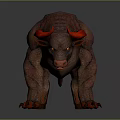 3D Rendered Mythical Bovine Creature Character Featuring Red Horns Textured Muscular Body
