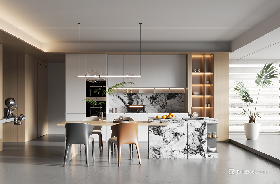 Modern Kitchen Interior With Gray Cabinets Marble Island Chairs Pendant Lights And Plants 3d model 