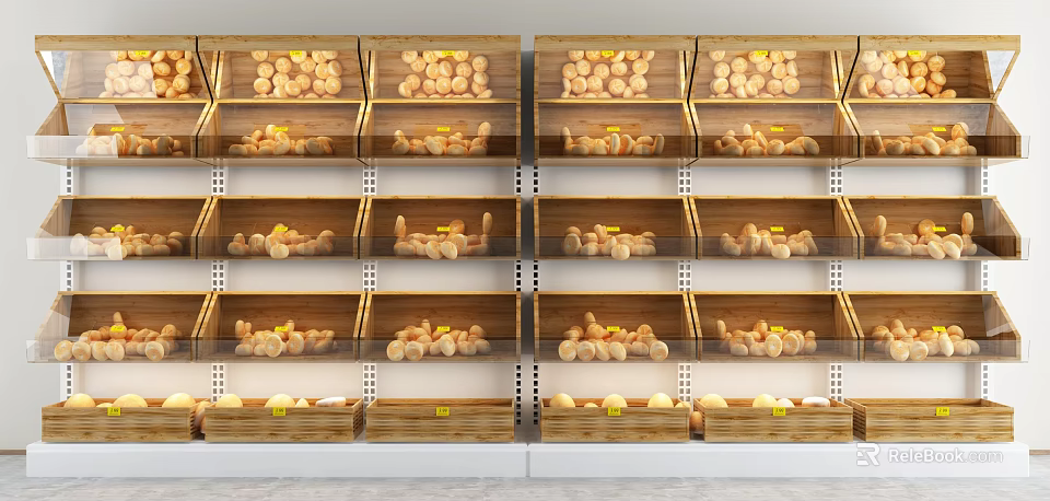 Wooden Showcase Shelves with Various Fresh Bread Items Arranged in Layers 3d model