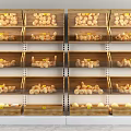 Wooden Showcase Shelves with Various Fresh Bread Items Arranged in Layers 3d model