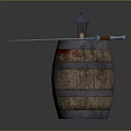 Medieval Sword With Sharp Blade Resting On Wooden Barrel With Bloodstains And Lantern
